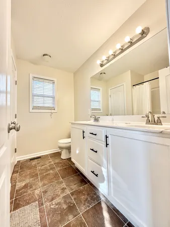 a bathroom with a double vanity sink mirror and toilet