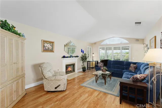 a living room with furniture a fireplace and a potted plant