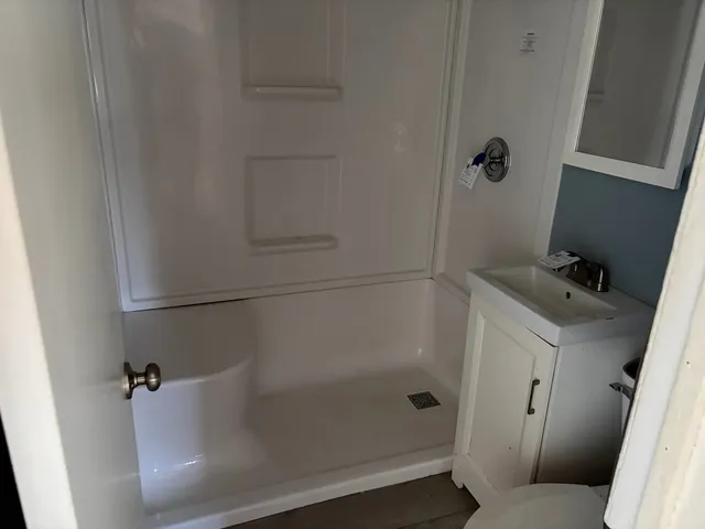 a bathroom with a bathtub