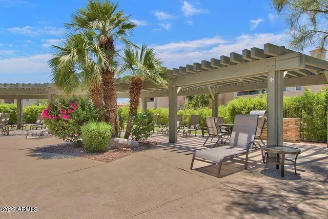 a view of a patio with a table and chairs under an umbrella with palm trees