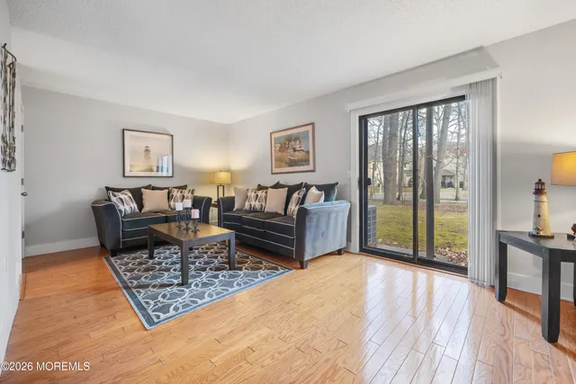 a living room with furniture a rug and a floor to ceiling window