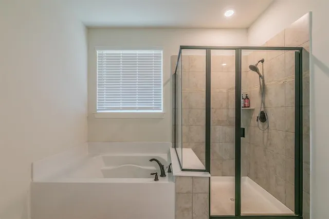 a bathroom with a bathtub and a shower