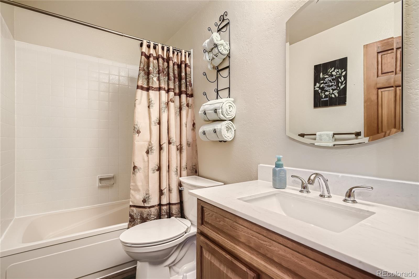 1749 County Road 72 Bailey, CO 80421 - Photo 18 of 35 a bathroom with a granite countertop sink toilet a mirror and shower