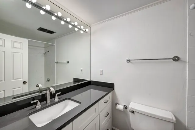 a bathroom with a sink vanity granite and toilet