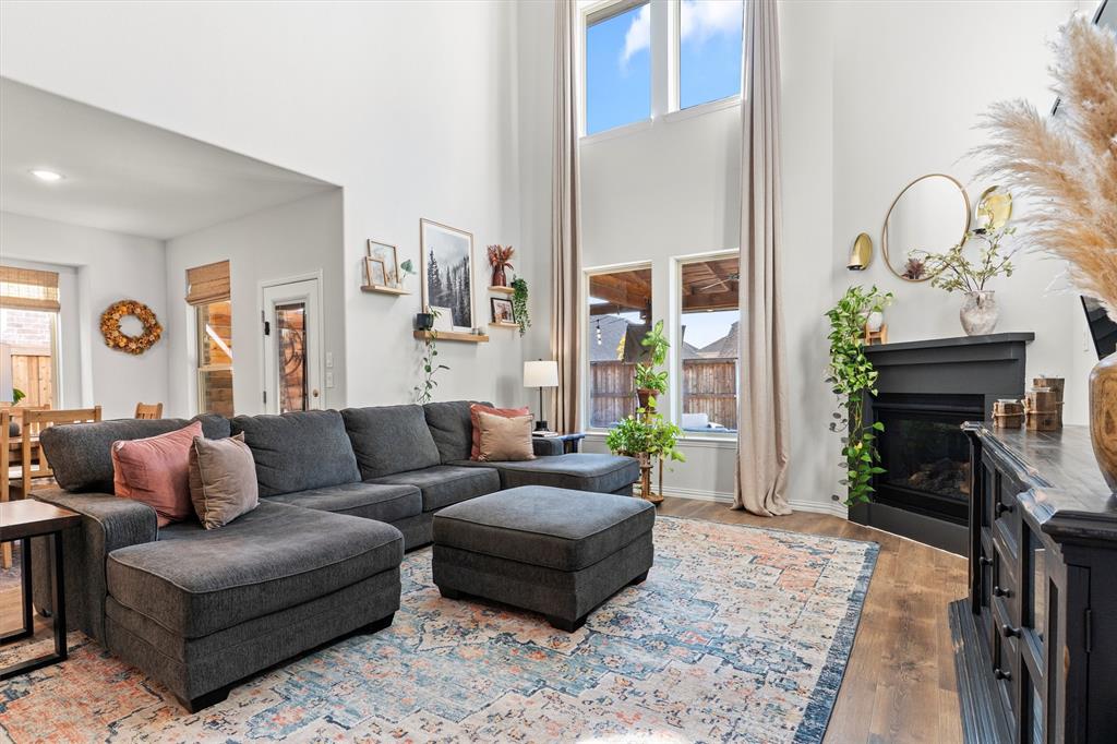 a living room with furniture a fireplace and a potted plant