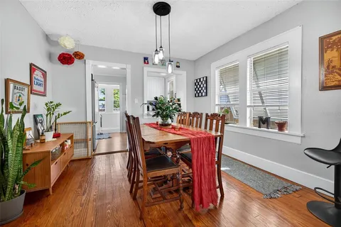 a view of a dining room with furniture window and wooden floor