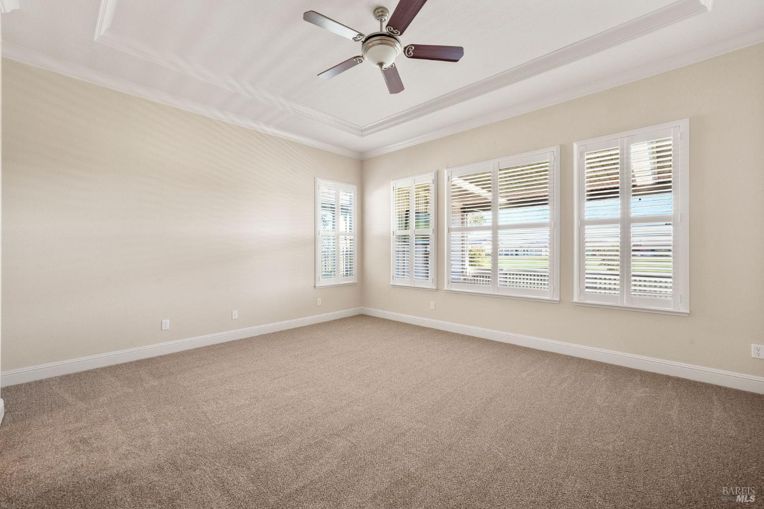 210 Magnolia Drive Rio Vista, CA 94571 - Photo 15 of 69 primary bedroom with tray ceiling, crown molding, plantation shutters, and ceiling fan