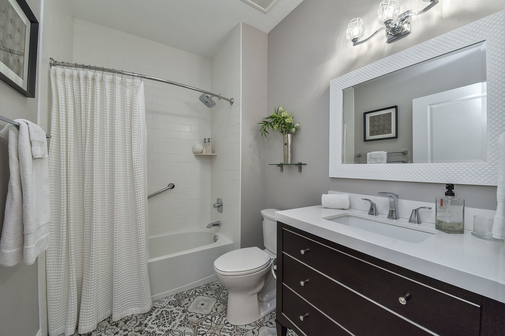 436 East Hillside Road Naperville, IL 60540 - Photo 27 of 59 a bathroom with a granite countertop sink a toilet a mirror a vanity and shower