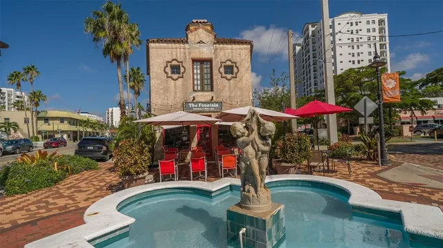 a view of a building with a patio