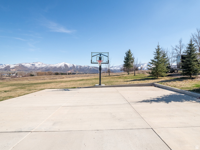 641 West 500 South Midway, UT 84049 - Photo 50 of 52 Outdoor sports court with a basketball hoop on a concrete pad, surrounded by a grassy area and mature evergreen trees