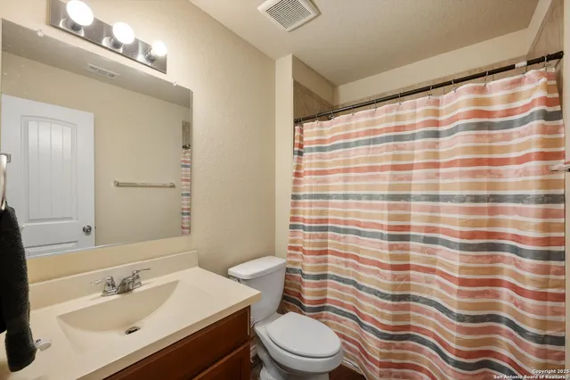 a bathroom with a sink a toilet and shower curtain