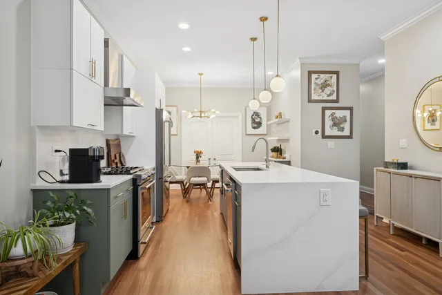 a large kitchen with cabinets