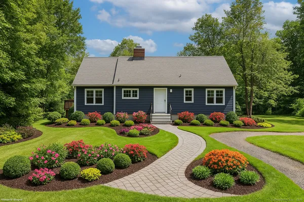 a front view of a house with a garden and porch