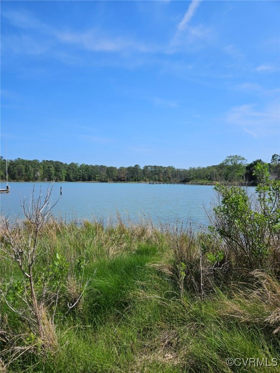 a view of a lake with houses in the back