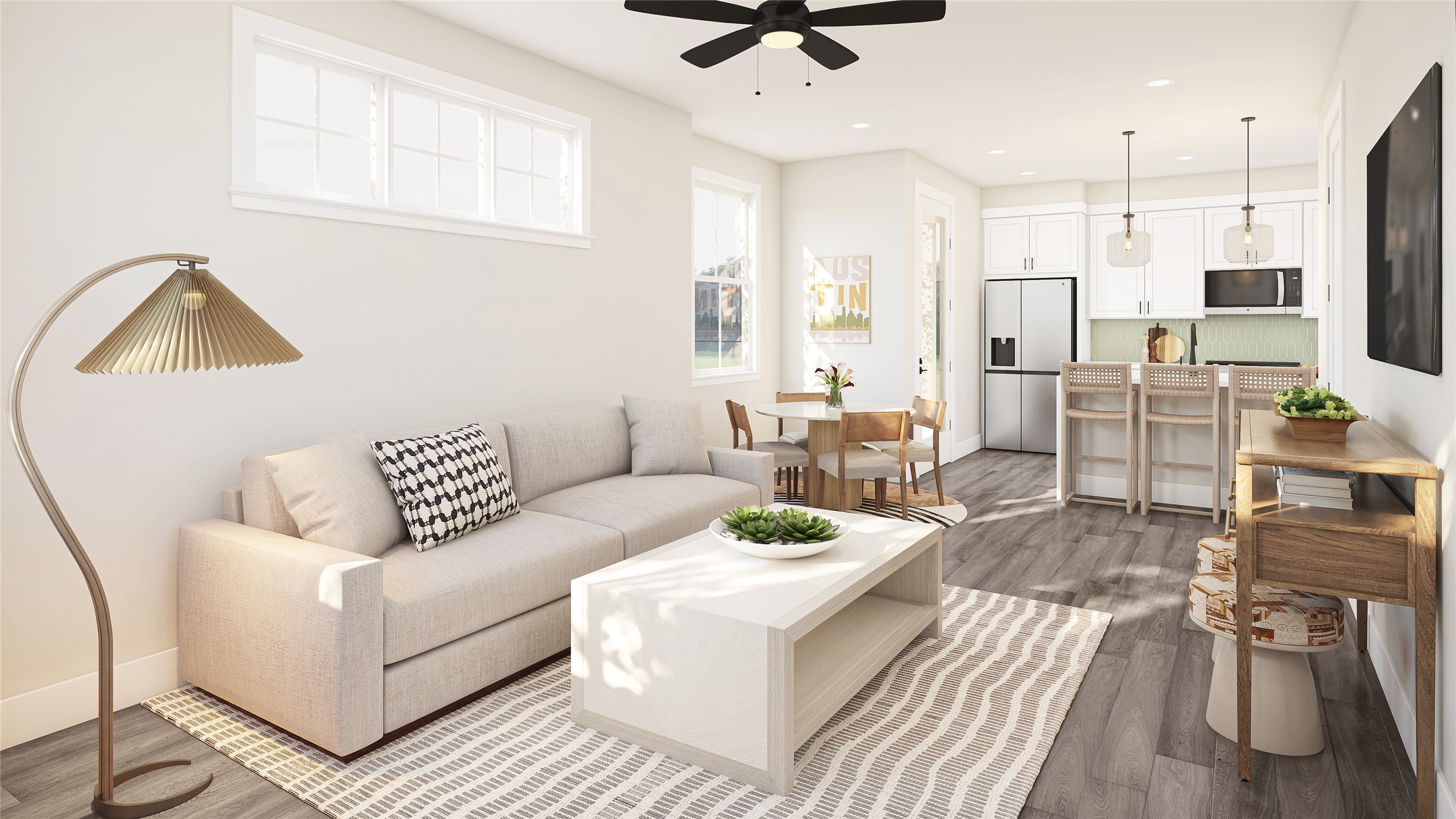 2414 Drew Lane, Unit 11 Austin, TX 78748 - Photo 3 of 10 Living area featuring dark wood-style floors, recessed lighting, and ceiling fan