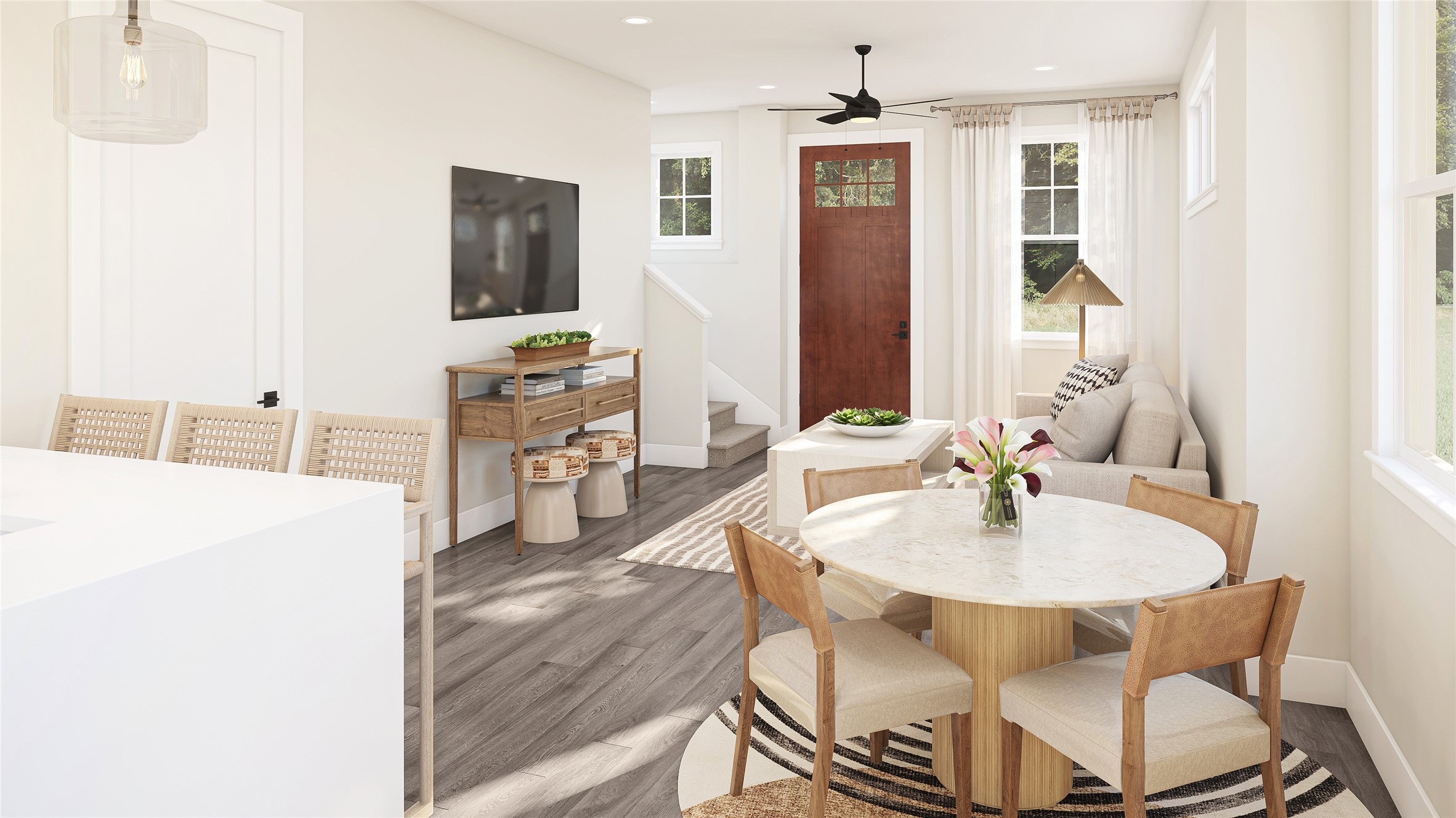 2414 Drew Lane, Unit 11 Austin, TX 78748 - Photo 5 of 10 Dining room featuring dark wood-type flooring, stairs, recessed lighting, and a ceiling fan
