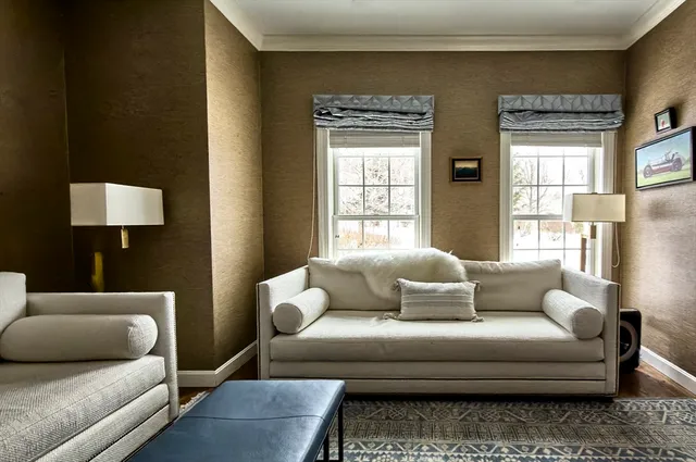 a living room with a couch and a rug