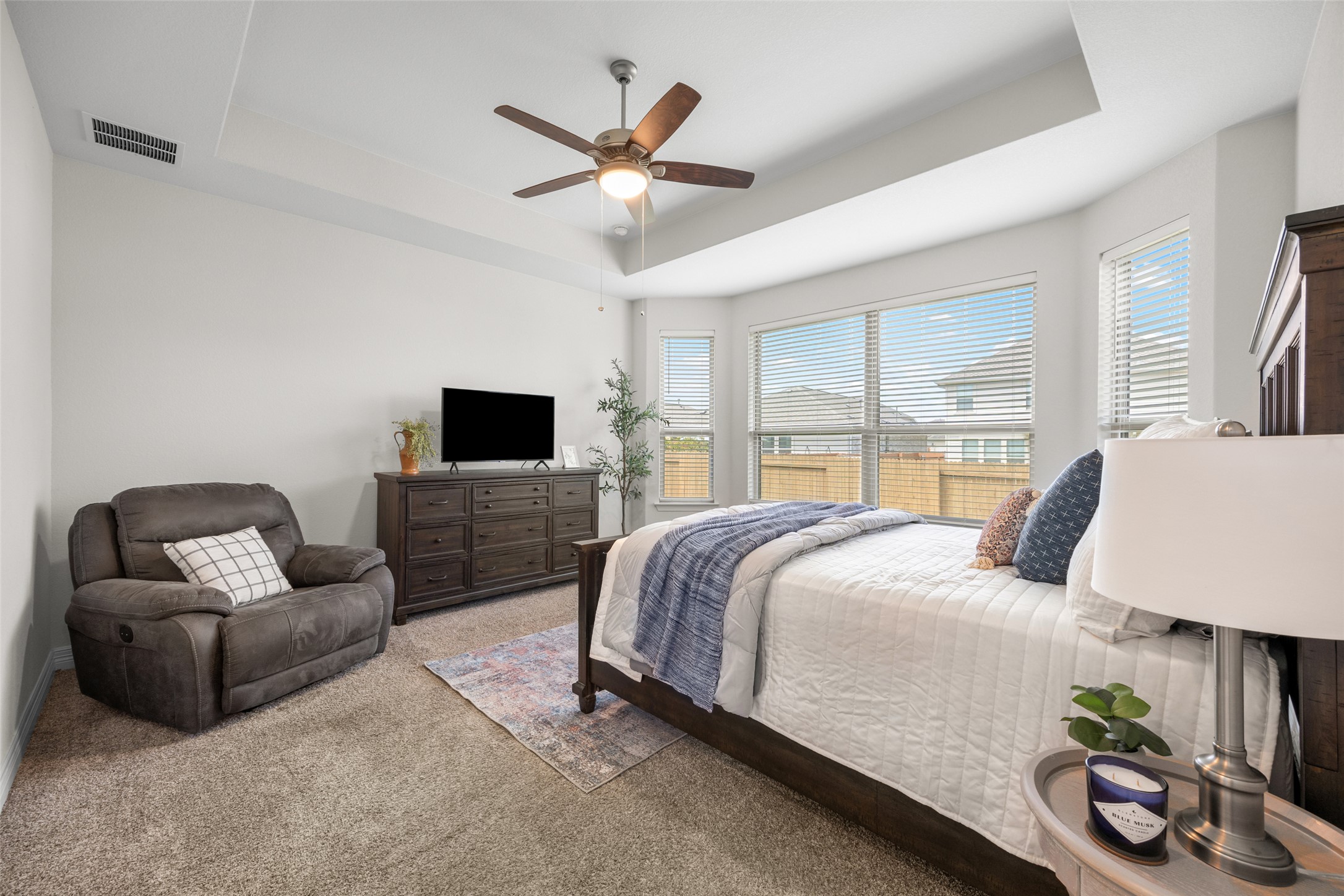 704 Muster Bend Georgetown, TX 78626 - Photo 19 of 39 Carpeted bedroom with ceiling fan and a raised ceiling