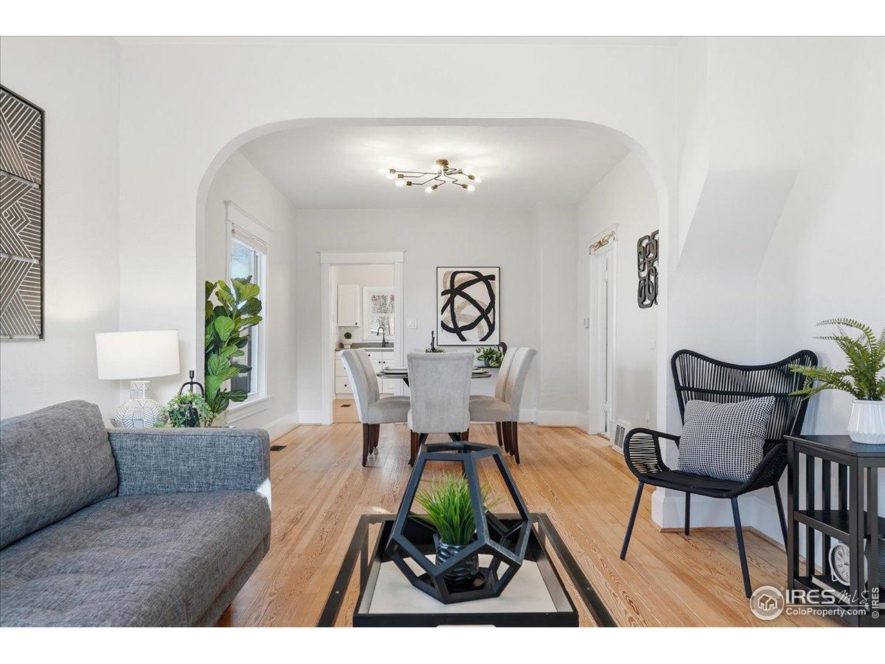 806 East Myrtle Street Fort Collins, CO 80524 - Photo 9 of 50 The living room and dining room flow together, connected by a broad arched opening.