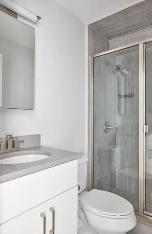 a bathroom with a sink a toilet and shower