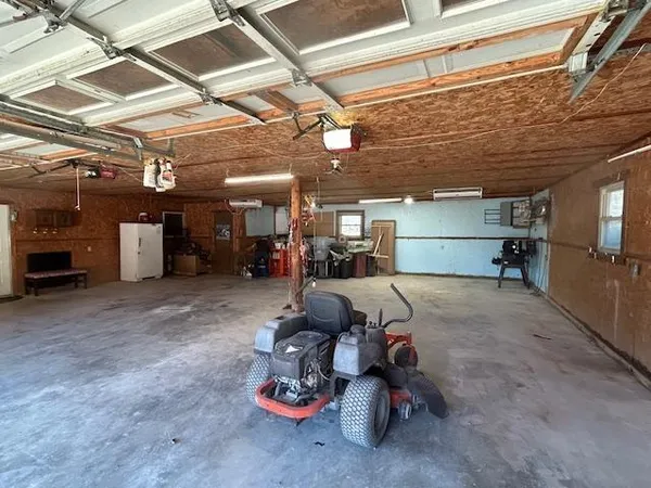 a view of a garage with storage