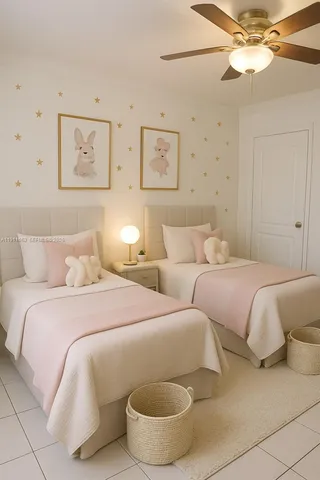 a bedroom with bed and a chandelier