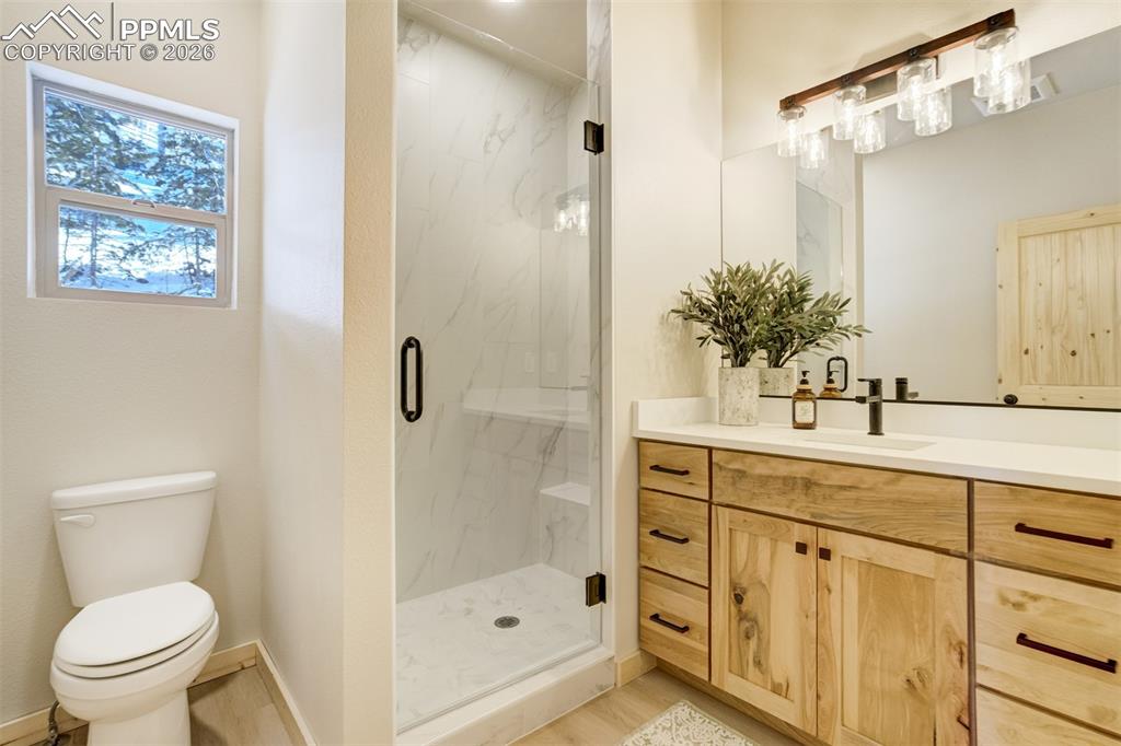 162 Kernite Lane Divide, CO 80814 - Photo 15 of 29 a bathroom with a granite countertop sink a toilet and shower