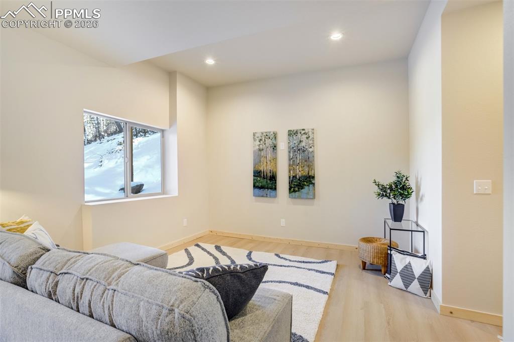 162 Kernite Lane Divide, CO 80814 - Photo 22 of 29 a bedroom with a bed and wooden floor
