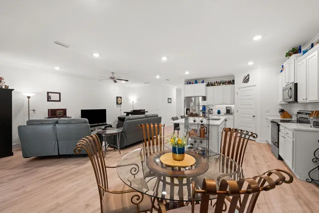 a view of a dining room with furniture