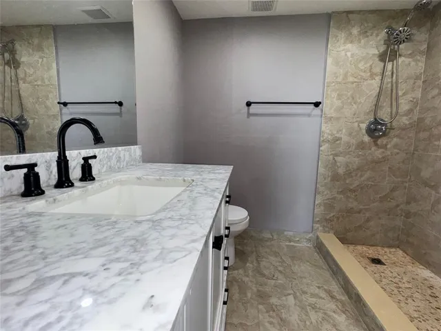 a bathroom with a granite countertop sink a toilet and shower