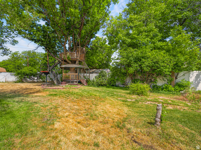 74 South 300 East Springville, UT 84663 - Photo 35 of 48 Spacious backyard featuring a multi-level treehouse with two platforms, a covered lower level, and two access staircases