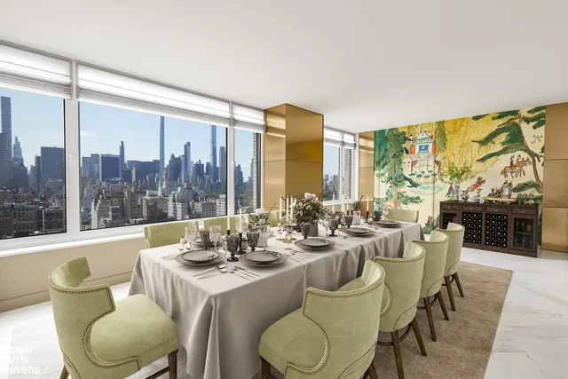 a dining room with furniture a large window and a chandelier