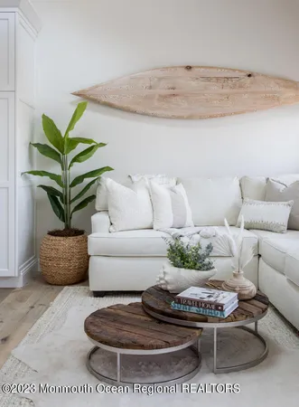 a living room with furniture a rug and a potted plant