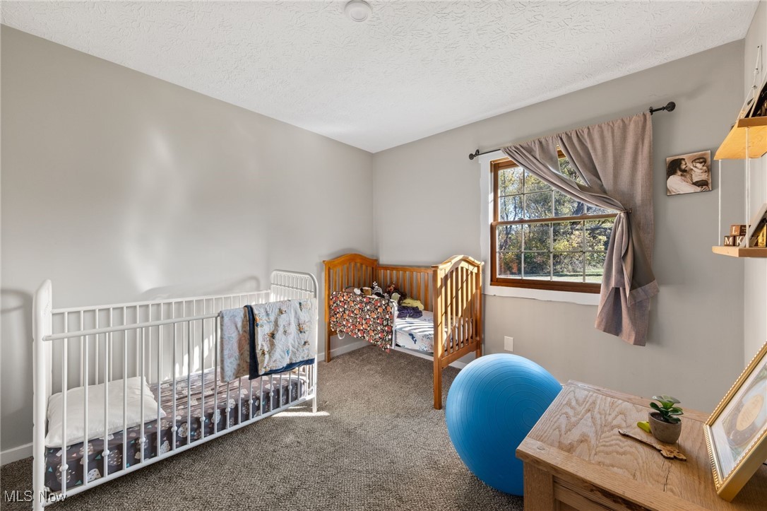 3213-3217 Pickle Road Green, OH 44312 - Photo 34 of 41 Bedroom featuring carpet floors, a crib, and a textured ceiling