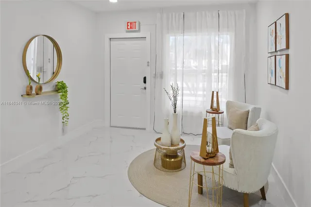 a view of a dining room with furniture