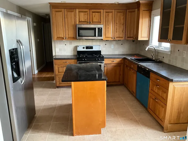 a kitchen with stainless steel appliances granite countertop a refrigerator a stove top oven a sink and dishwasher