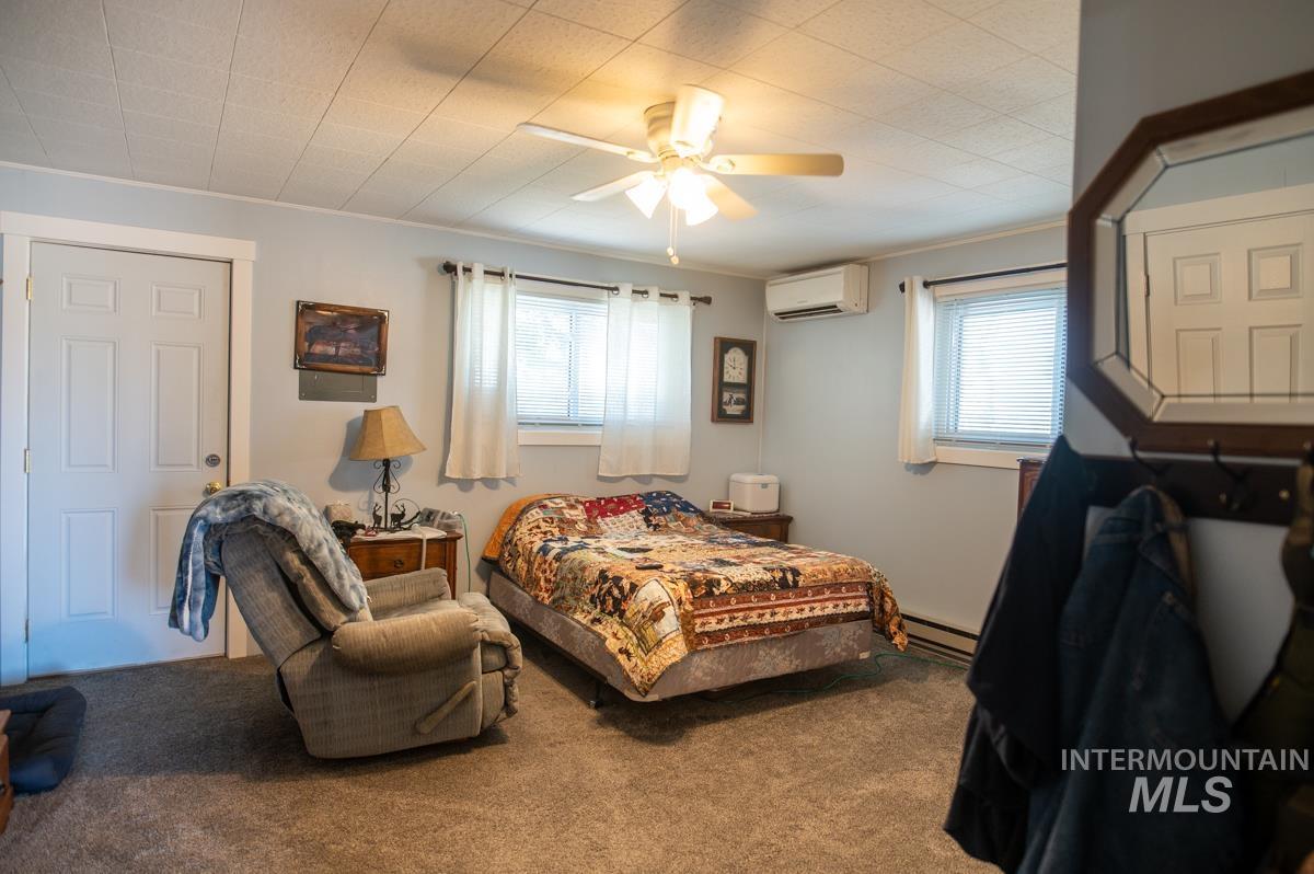 733 Pringle Road Weiser, ID 83672 - Photo 18 of 46 Carpeted bedroom featuring ceiling fan, ornamental molding, an AC wall unit, and a baseboard radiator