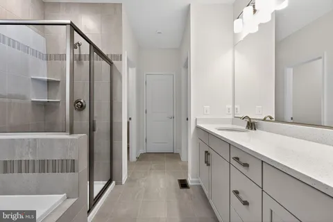 a bathroom with a double vanity sink a mirror and a shower