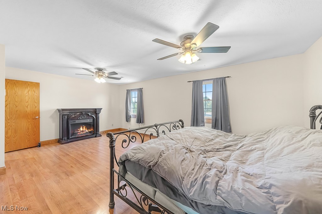 8690 Friendsville Road Lodi, OH 44254 - Photo 25 of 50 Bedroom featuring a ceiling fan, baseboards, light wood-style floors, and a glass covered fireplace