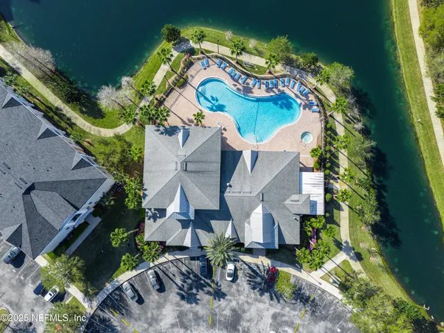 a view of a lake with a terrace