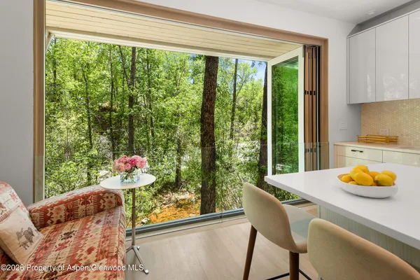 a view of a dining room with furniture window and outside view