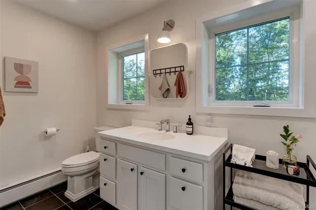 a bathroom with a toilet sink and mirror