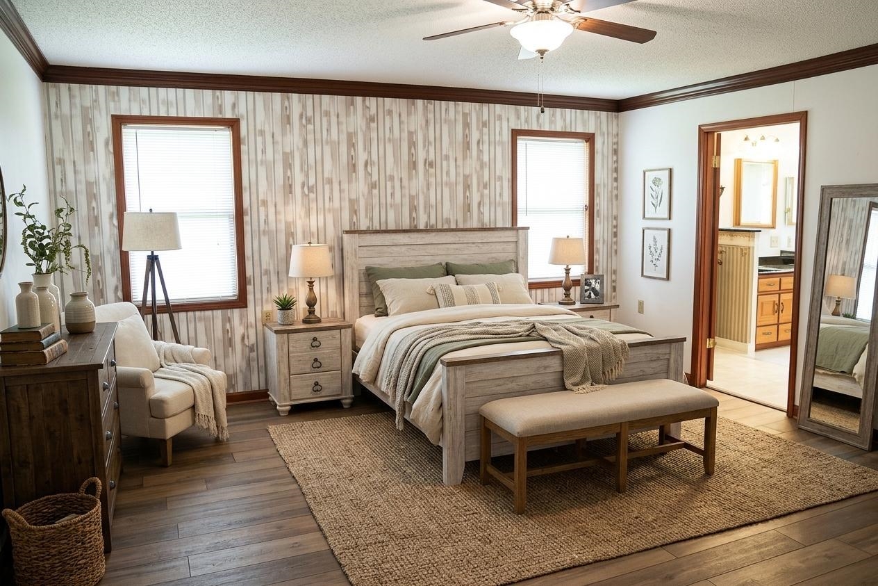 937 Kelleys Chapel Road Burlison, TN 38015 - Photo 15 of 40 Spacious bedroom featuring wood-finish flooring, accent wall paneling, and an overhead ceiling fan with lighting AI generated