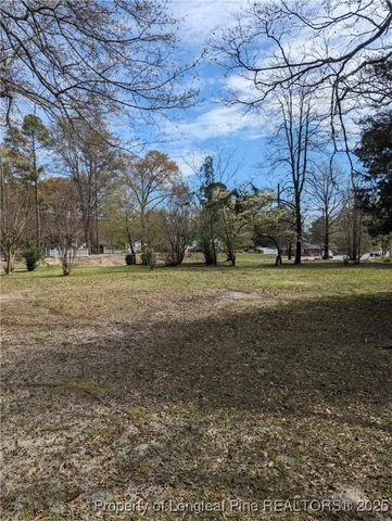 a view of a field with large trees
