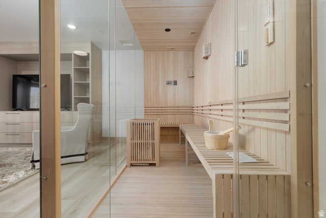 160 Ridgeview Street, Unit 7B Brian Head, UT 84719 - Photo 33 of 40 Relaxing sauna / steam room featuring wood-type flooring and wood ceiling