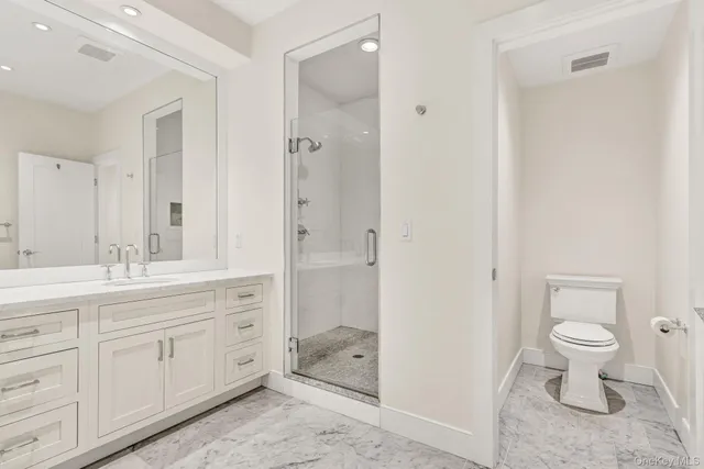 a bathroom with a toilet sink a mirror and vanity