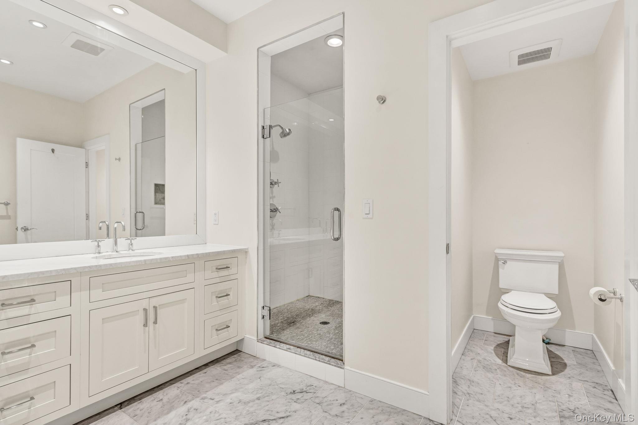 21 Honeysuckle Lane Rye Brook, NY 10573 - Photo 17 of 48 a bathroom with a toilet sink a mirror and vanity