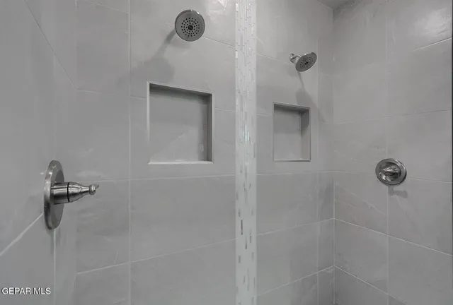 a bathroom with a shower and a sink