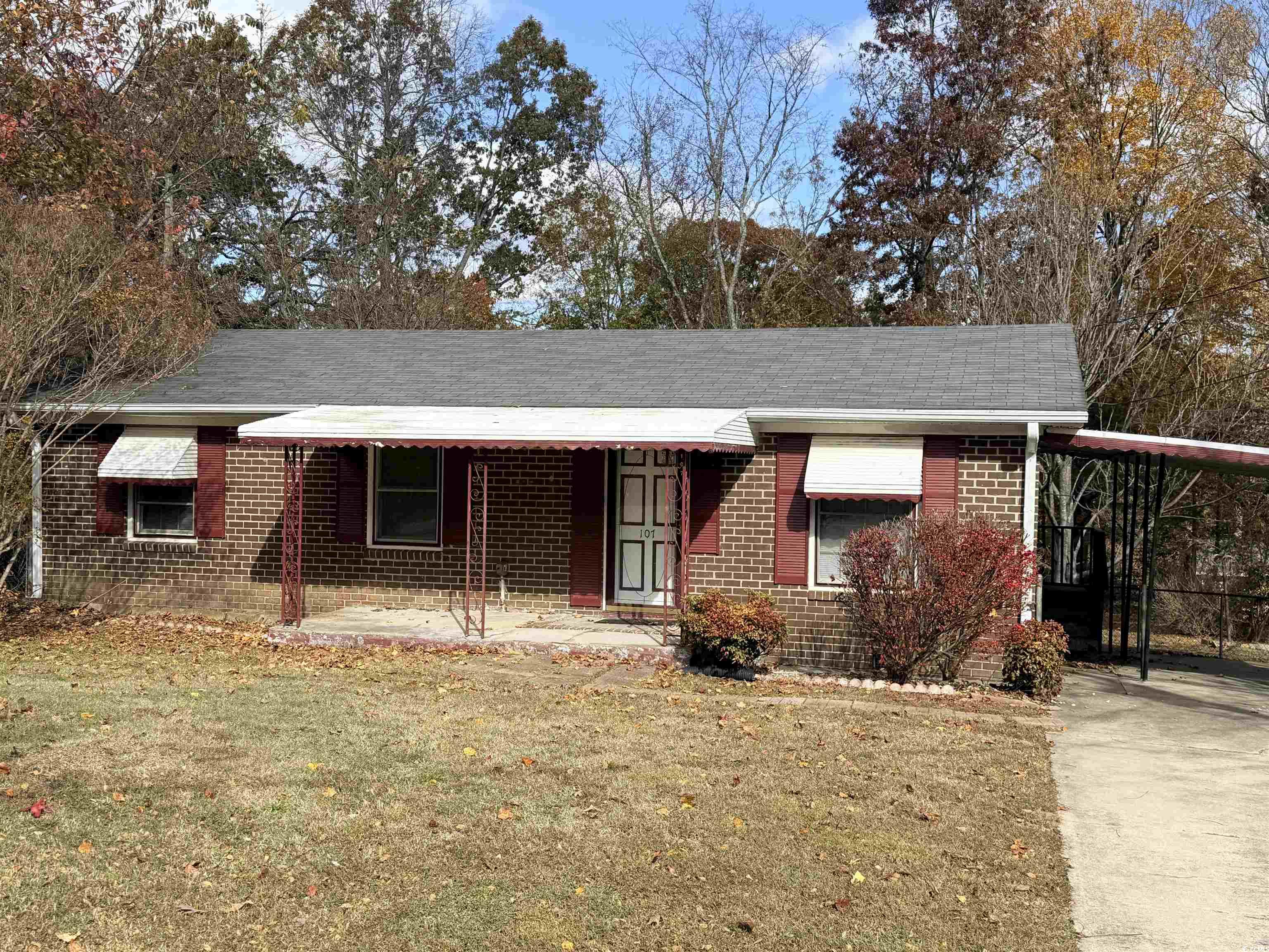 Ranch-style house with a front yard, a porch, brick siding, and an attached carport