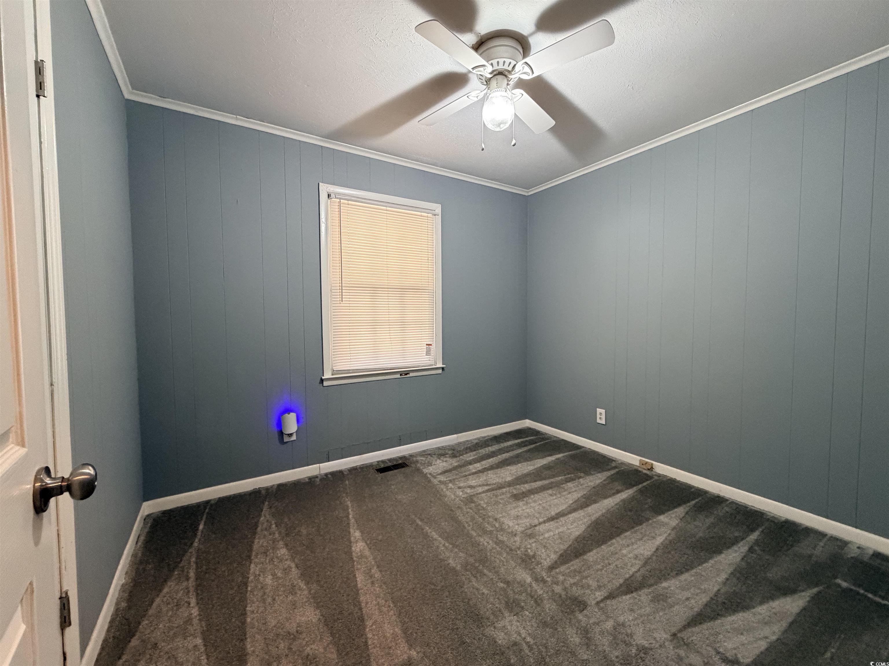 107 Aster Drive Greer, SC 29651 - Photo 14 of 20 Spare room with crown molding, dark carpet, a ceiling fan, and wood walls